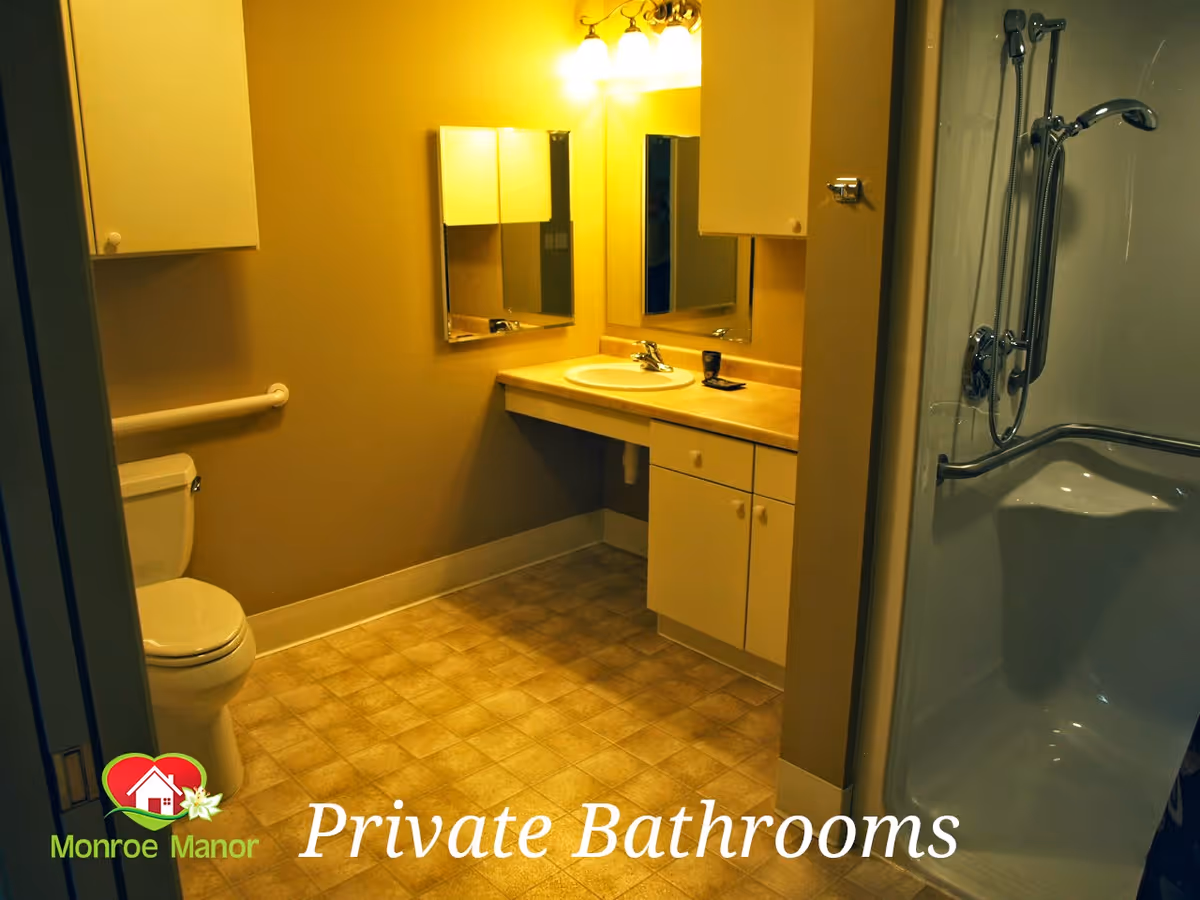 Well-lit accessible bathroom with a toilet, sink vanity, cabinets and a walk-in shower.