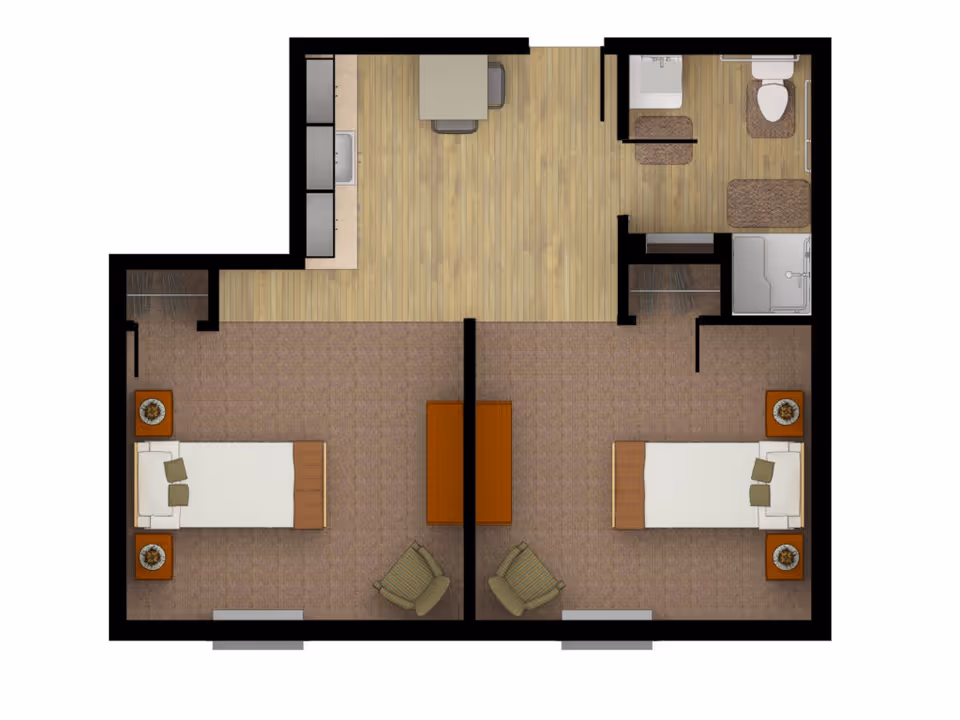 Top-down floor plan of a two-bedroom assisted living unit with a shared kitchen and dining area, and a bathroom. Each bedroom has a bed, two nightstands, and a chair. The kitchen has a sink, counter space, and a small dining table with chairs. The bathroom includes a toilet, sink, and shower.