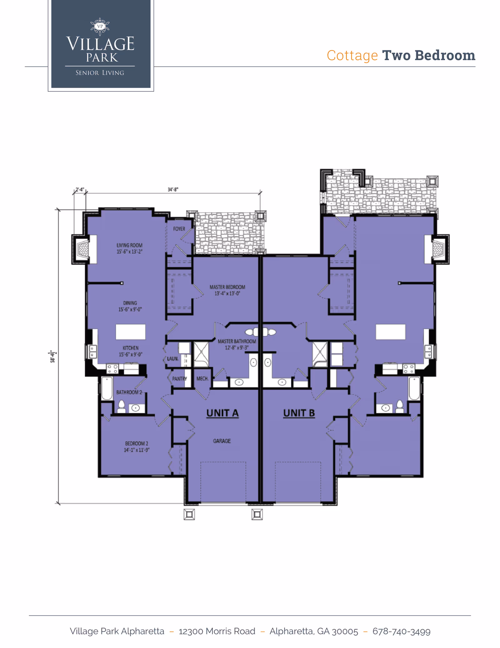 Purple-shaded two-unit cottage two-bedroom floor plan for Village Park Alpharetta showing Unit A and Unit B layouts and room labels.