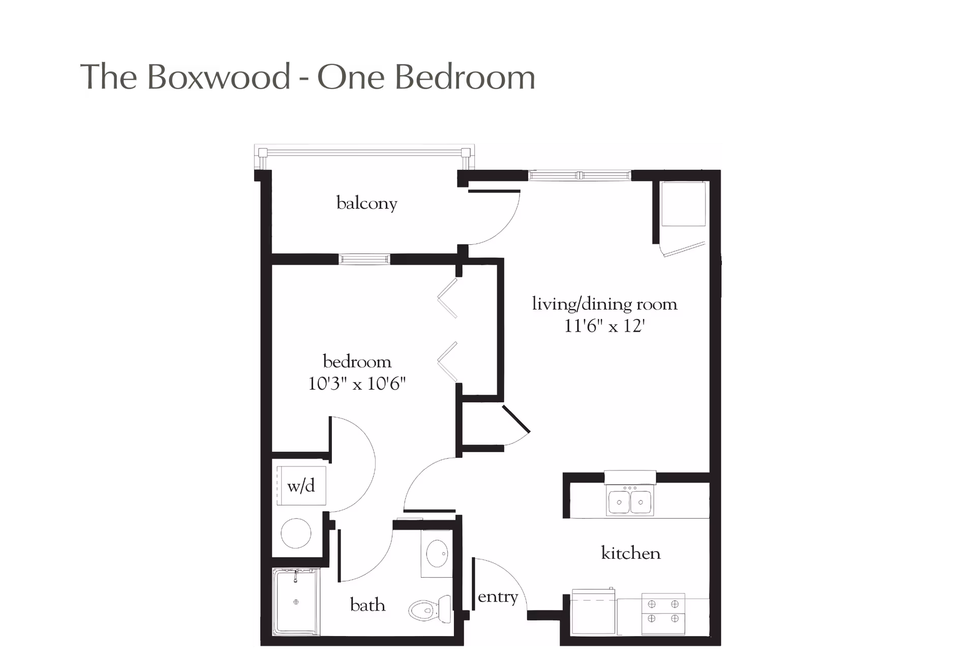 Floor plan titled The Boxwood - One Bedroom showing a layout with a balcony, bedroom measuring 10'3" x 10'6", living/dining room measuring 11'6" x 12', kitchen, bathroom, entry, and washer/dryer area.