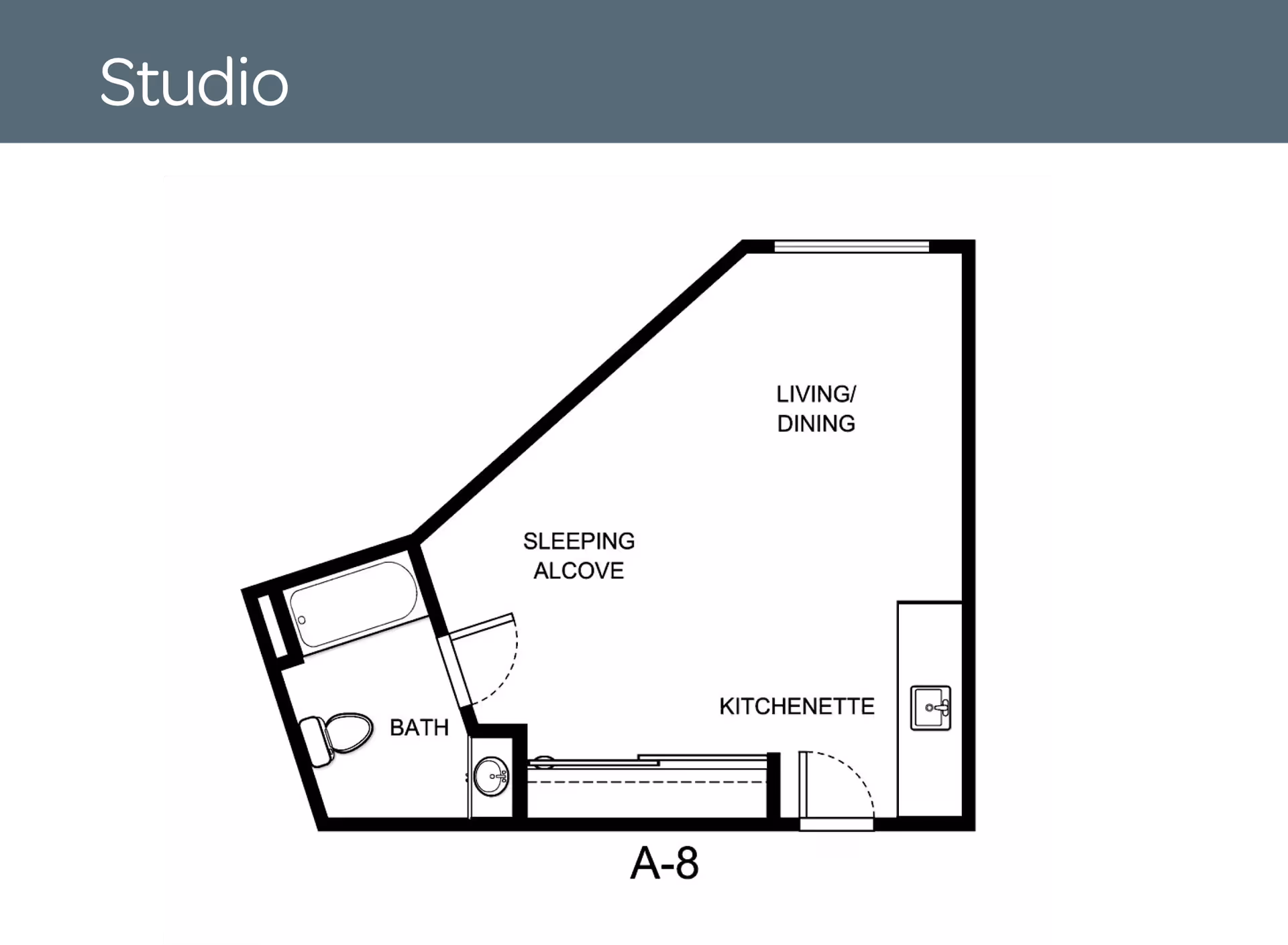 Floor plan of a studio apartment labeled A-8 showing a bath with toilet and bathtub, a sleeping alcove, a kitchenette with a sink, and a combined living and dining area.