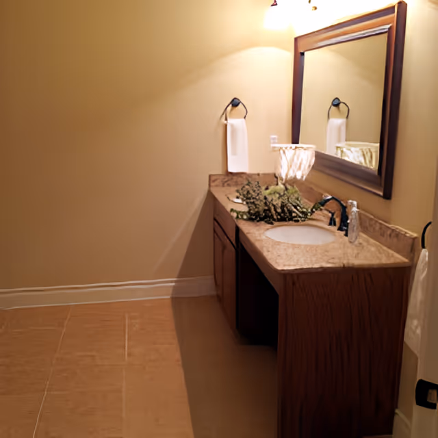 A bathroom vanity with a granite countertop, an oval sink, a dark wood framed mirror above, a wall-mounted light fixture, and a towel hanging on a ring. There is a decorative plant on the countertop.