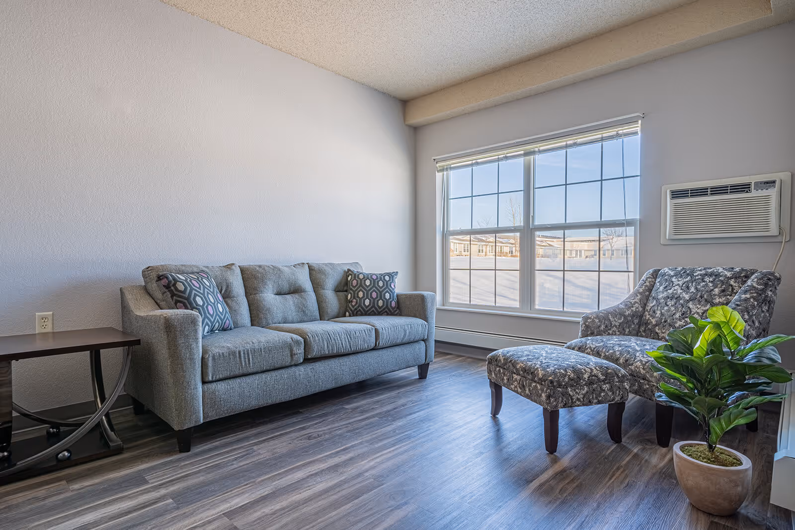 Bright living area with a gray sofa, patterned armchair and ottoman, large window, wall air conditioner, side table and potted plant.