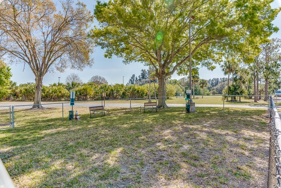 A fenced outdoor area with grass and two benches under large trees, surrounded by a chain-link fence. There is a fire hydrant and some signage near the benches, with a road and more trees in the background under a clear sky.