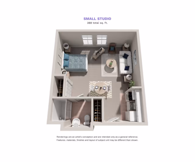 3D floor plan of a small studio apartment with 388 total square feet. The layout includes a combined living and sleeping area with a bed, sofa, coffee table, and chair near two windows. There is a small dining table with two chairs in the center. The kitchen area has appliances and cabinets along one wall. A bathroom with a shower, toilet, and sink is located in the corner, adjacent to a closet.