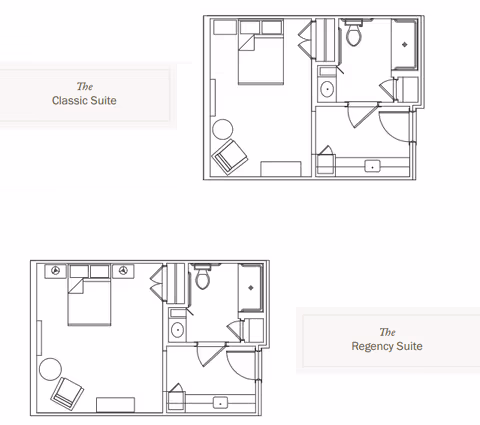 Two black-and-white floor plan diagrams labeled "The Classic Suite" and "The Regency Suite" showing bedroom, bathroom, and small living areas.