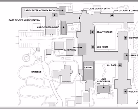 Black-and-white floor plan map of Nazareth House of Fresno showing labeled rooms and areas such as chapel, main dining, care center, gardens, beauty salon, med room, library, and auditorium.