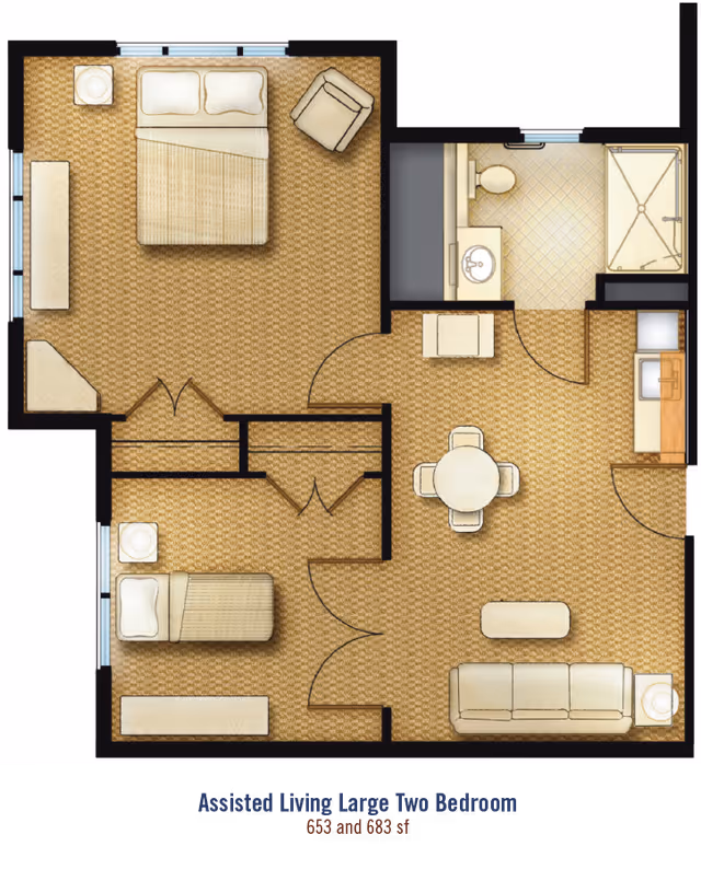 Floor plan of an assisted living large two-bedroom apartment featuring a master bedroom with a double bed, a smaller bedroom with a single bed, a living room with a sofa and chair, a dining area with a round table and four chairs, a kitchen area, and a bathroom with a shower, toilet, and sink.