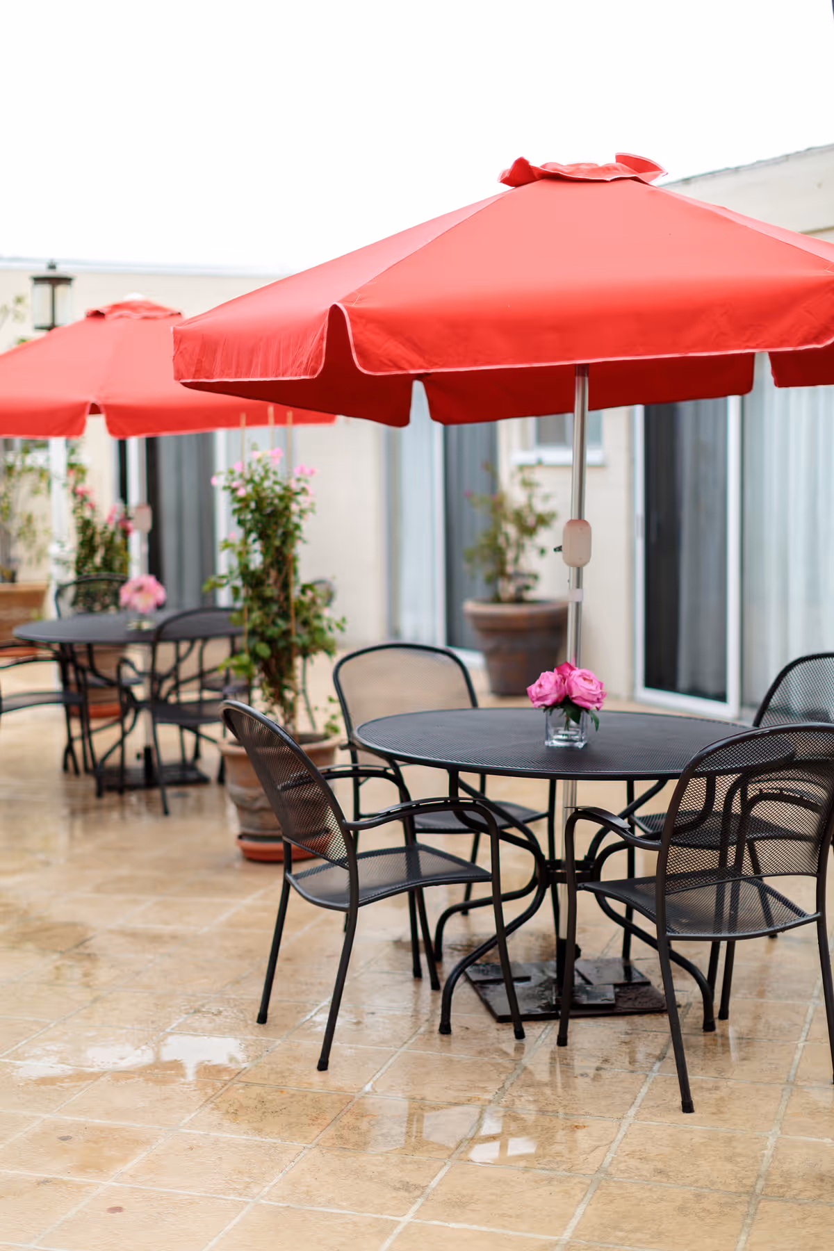 Outdoor patio area with black metal tables and chairs, each table shaded by a large red umbrella. Small vases with pink flowers are placed on the tables. Potted plants and a building with large windows are visible in the background.