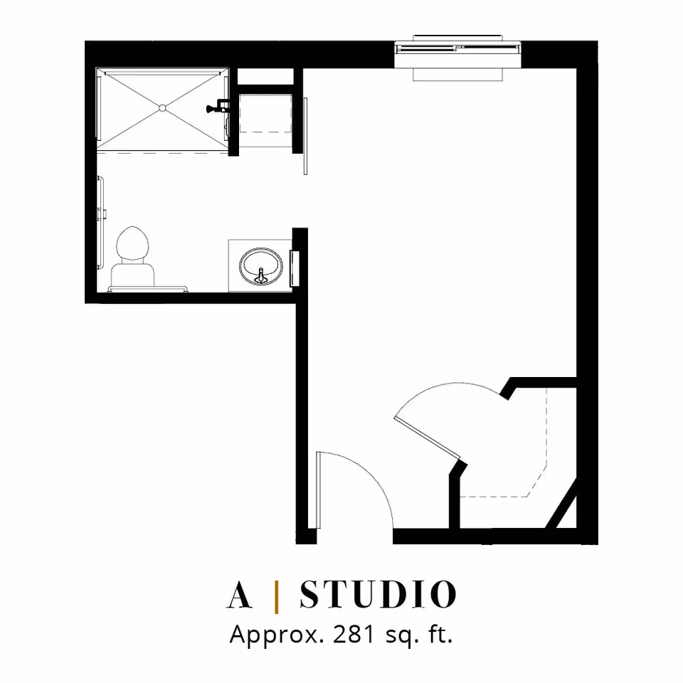 Architectural floor plan of a studio apartment approximately 281 square feet, showing a main living area, a bathroom with a shower, toilet, and sink, and a small closet near the entrance.