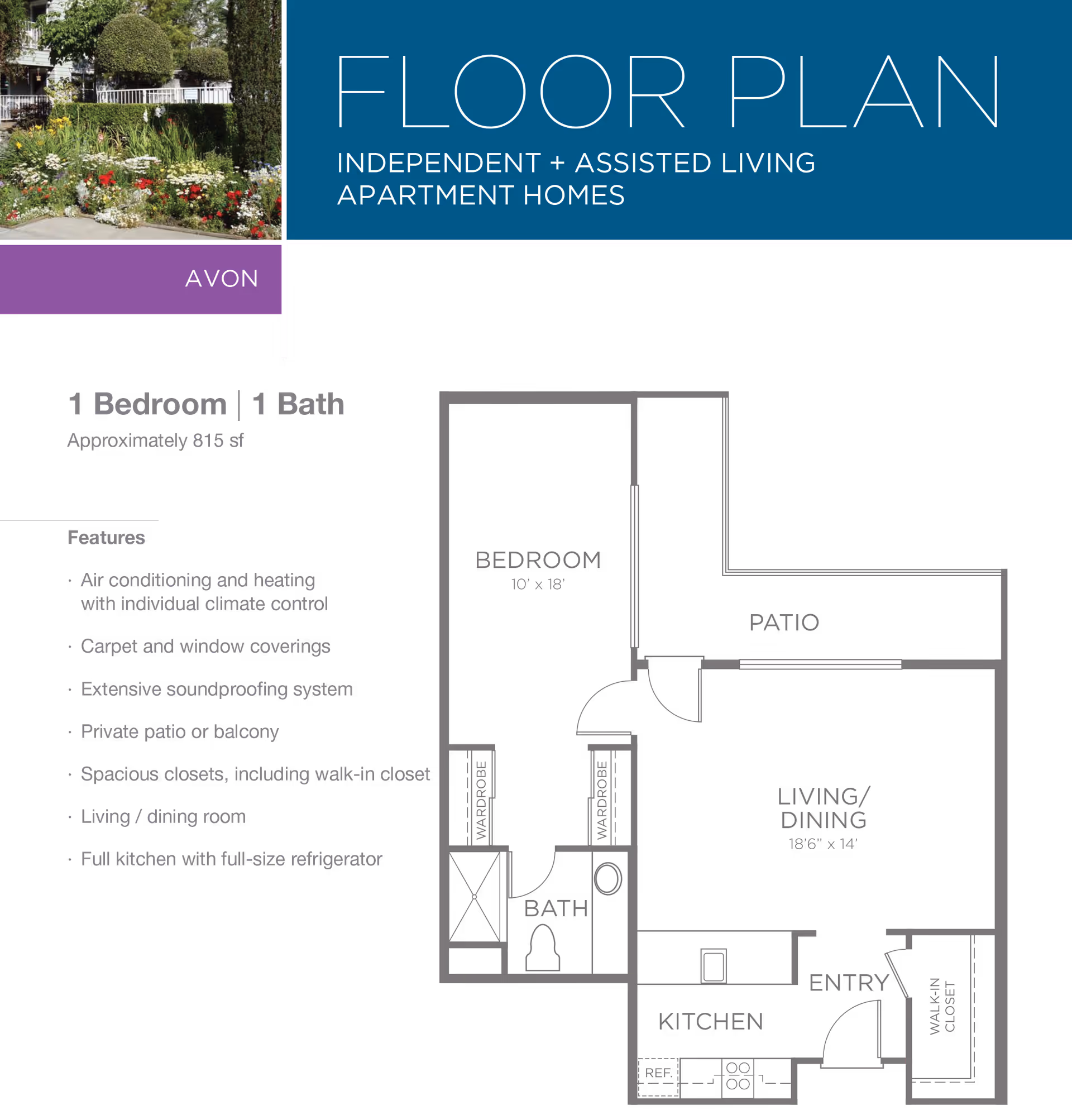 Floor plan for Byron Park's Avon apartment, showing a 1 bedroom, 1 bath layout of approximately 815 square feet. The plan includes a bedroom measuring 10 by 18 feet, a bathroom, a living/dining room measuring 18 feet 6 inches by 14 feet, a kitchen, an entry, a walk-in closet, and a private patio. Features listed include air conditioning and heating with individual climate control, carpet and window coverings, extensive soundproofing system, private patio or balcony, spacious closets including walk-in closet, living/dining room, and full kitchen with full-size refrigerator. A small photo of a garden area is shown in the top left corner.