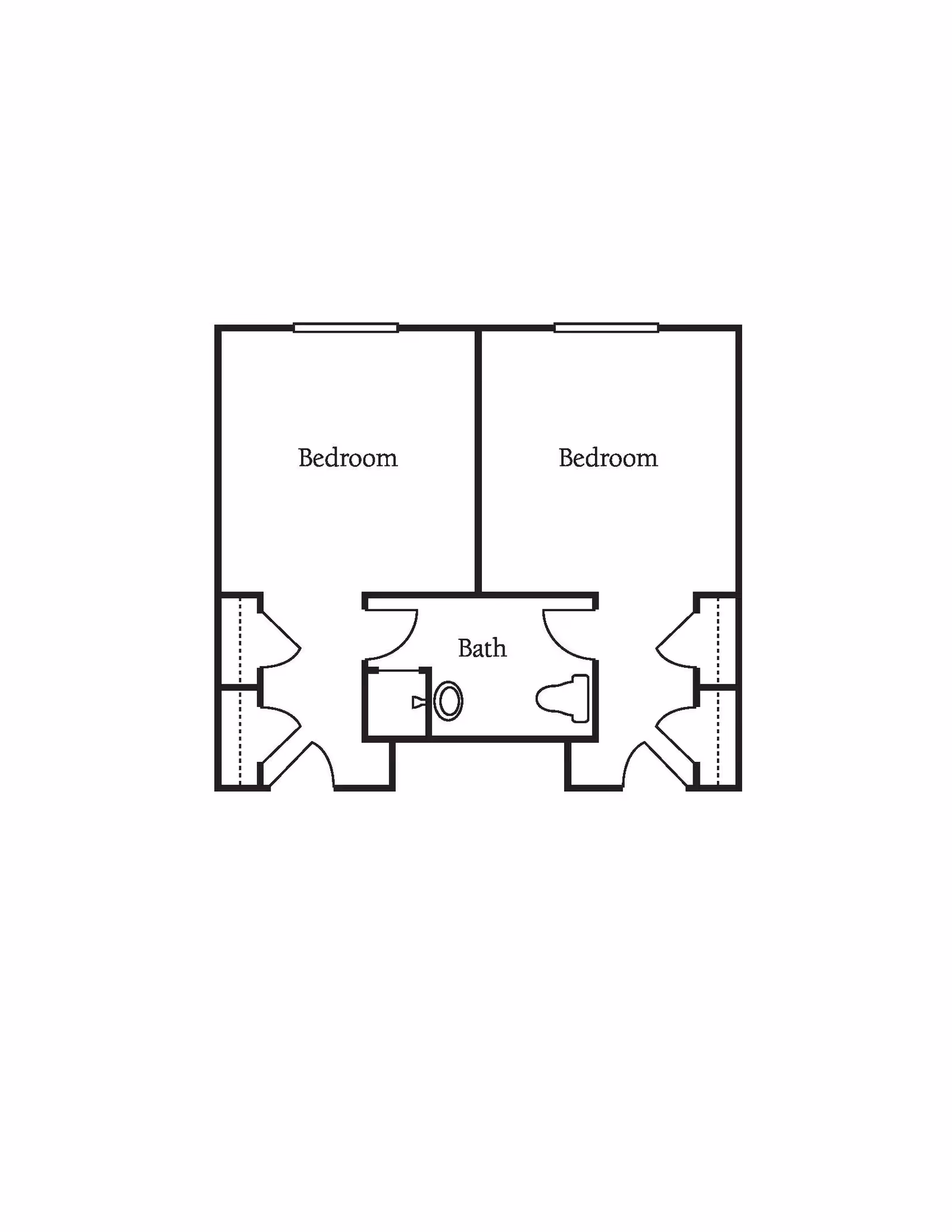 Floor plan showing two bedrooms with a shared bathroom in between. Each bedroom has a closet and a door leading to the bathroom area.