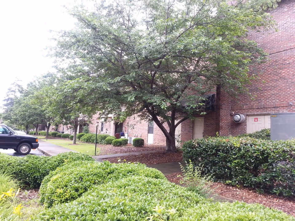 Outdoor view of a brick building with several trees and well-maintained bushes along a sidewalk. A black vehicle is parked on the left side near the building.