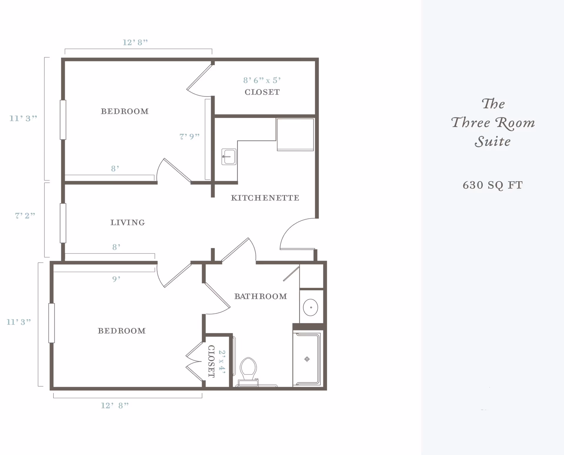 Floor plan of The Three Room Suite at The Legacy at Crystal Falls, showing two bedrooms, a living area, a kitchenette, a bathroom, and closets with dimensions and total area of 630 square feet.