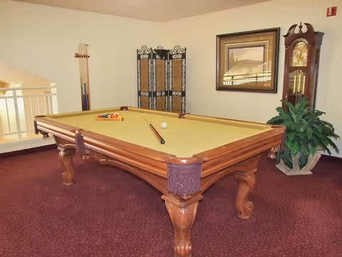 A billiards table with cues and balls in a carpeted recreation room with a grandfather clock, wall art, and a decorative screen.