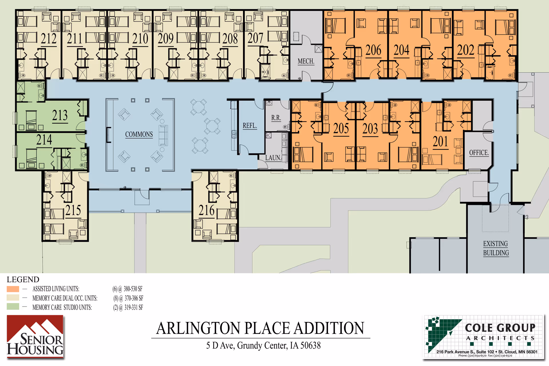 Architectural floor plan of Arlington Place Addition senior housing facility in Grundy Center, IA, showing layout of assisted living units, memory care dual occupancy units, memory care studio units, commons area, mechanical room, laundry, office, and existing building connection.