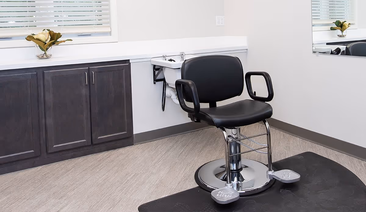 Black salon styling chair in a clean room with cabinets, a small sink, mirror, and window.
