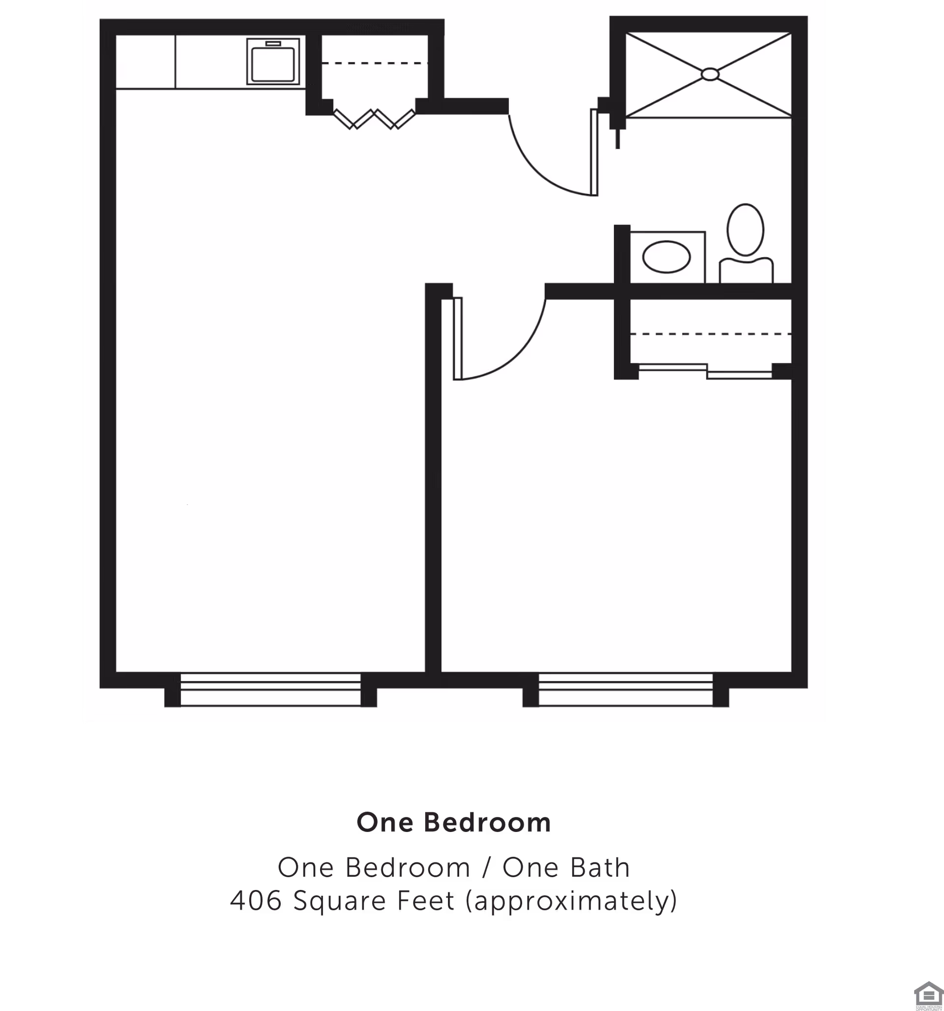 Black-and-white floor plan diagram showing a one-bedroom, one-bath apartment layout.