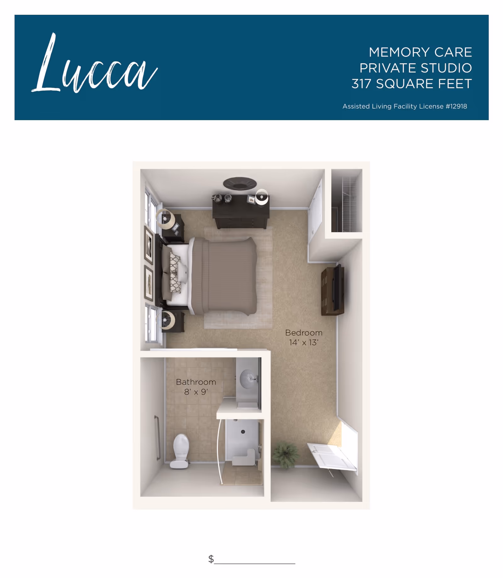 3D floor plan of a memory care private studio named Lucca, showing a bedroom area measuring 14 by 13 feet with a bed, nightstands, dresser, TV, and closet, and an adjacent bathroom measuring 8 by 9 feet with a toilet, sink, and shower.