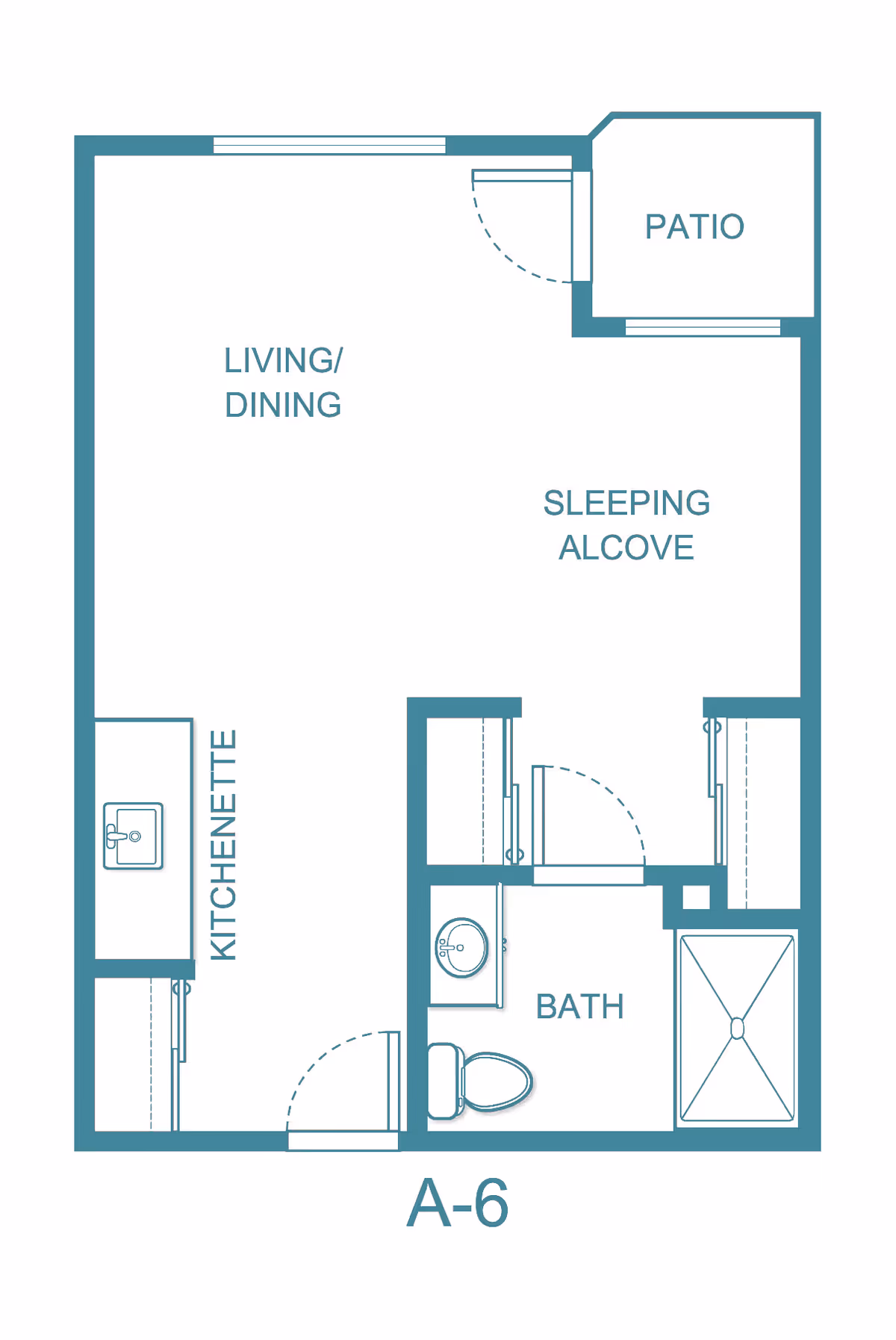 Floor plan labeled A-6 of a studio apartment showing a living/dining area, kitchenette, sleeping alcove, bathroom, and small patio.