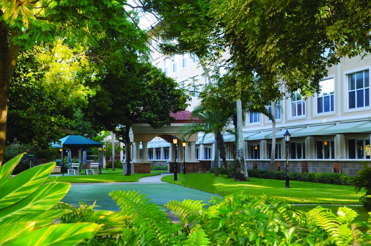 Sunlit landscaped courtyard with trees, a walkway, outdoor seating, and the front exterior of a multi-story senior living building.