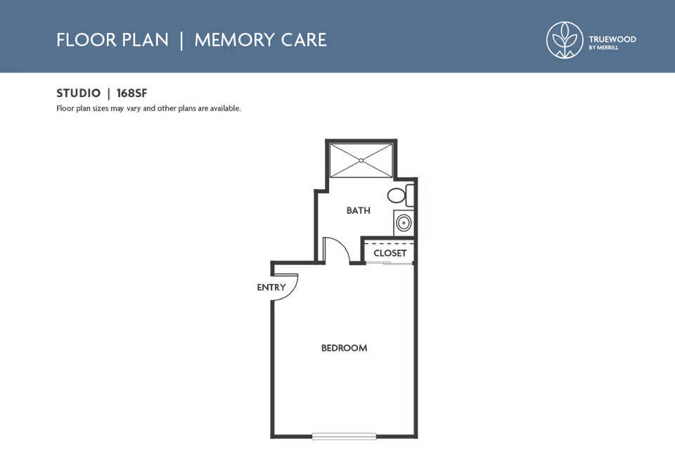Studio memory care floor plan diagram labeled entry, bedroom, bath, and closet with the Truewood by Merrill logo at the top.
