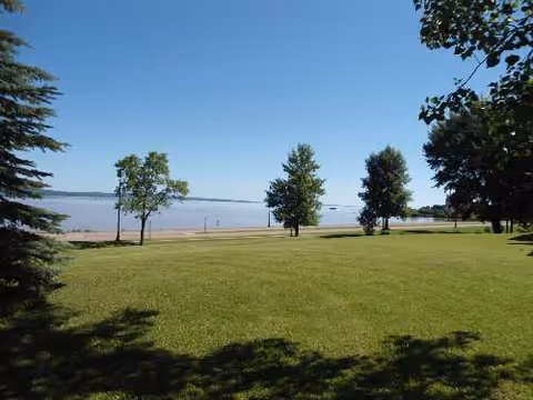 Sunlit grassy park with trees and a sandy shoreline along a calm lake.