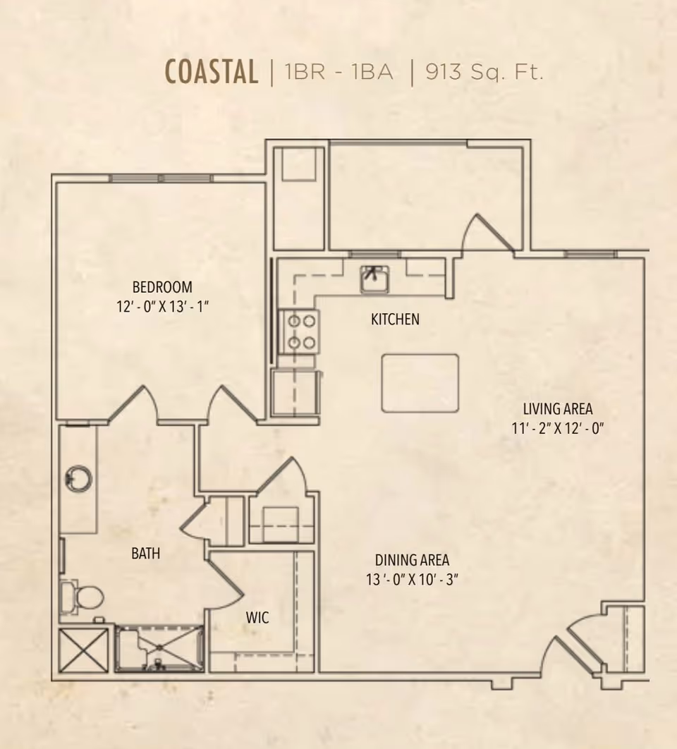 Floor plan of a 1 bedroom, 1 bathroom apartment named Coastal with 913 square feet. The layout includes a bedroom measuring 12' x 13'1", a bathroom, a walk-in closet (WIC), a kitchen, a dining area measuring 13' x 10'3", and a living area measuring 11'2" x 12'.