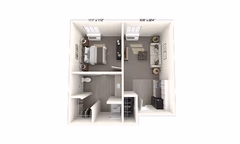 3D floor plan of a one-bedroom apartment showing a bedroom with a bed and nightstands, a bathroom with a toilet and shower, a living room with a sofa and coffee table, and a kitchen area with cabinets and appliances. Dimensions of the bedroom and living room are labeled.
