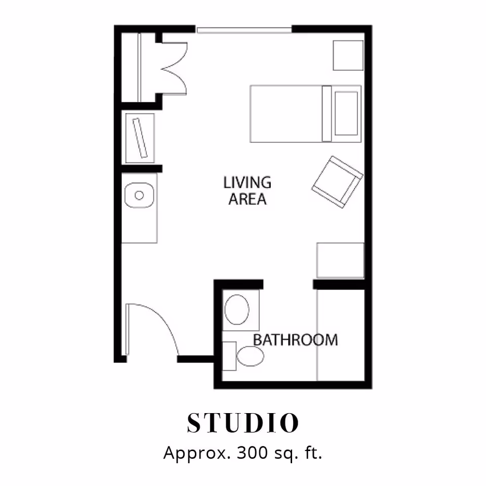 Floor plan diagram of a studio apartment (approx. 300 sq. ft.) showing a living area with bed and chair, a kitchenette, and a bathroom.