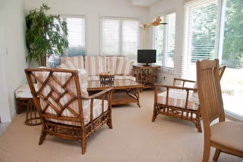 A bright living room with large windows covered by white blinds. The room features a striped sofa, two matching armchairs with wooden frames, a wooden coffee table with a fruit bowl, a small TV on a stand, a tall floor lamp, and a large green potted plant in the corner.