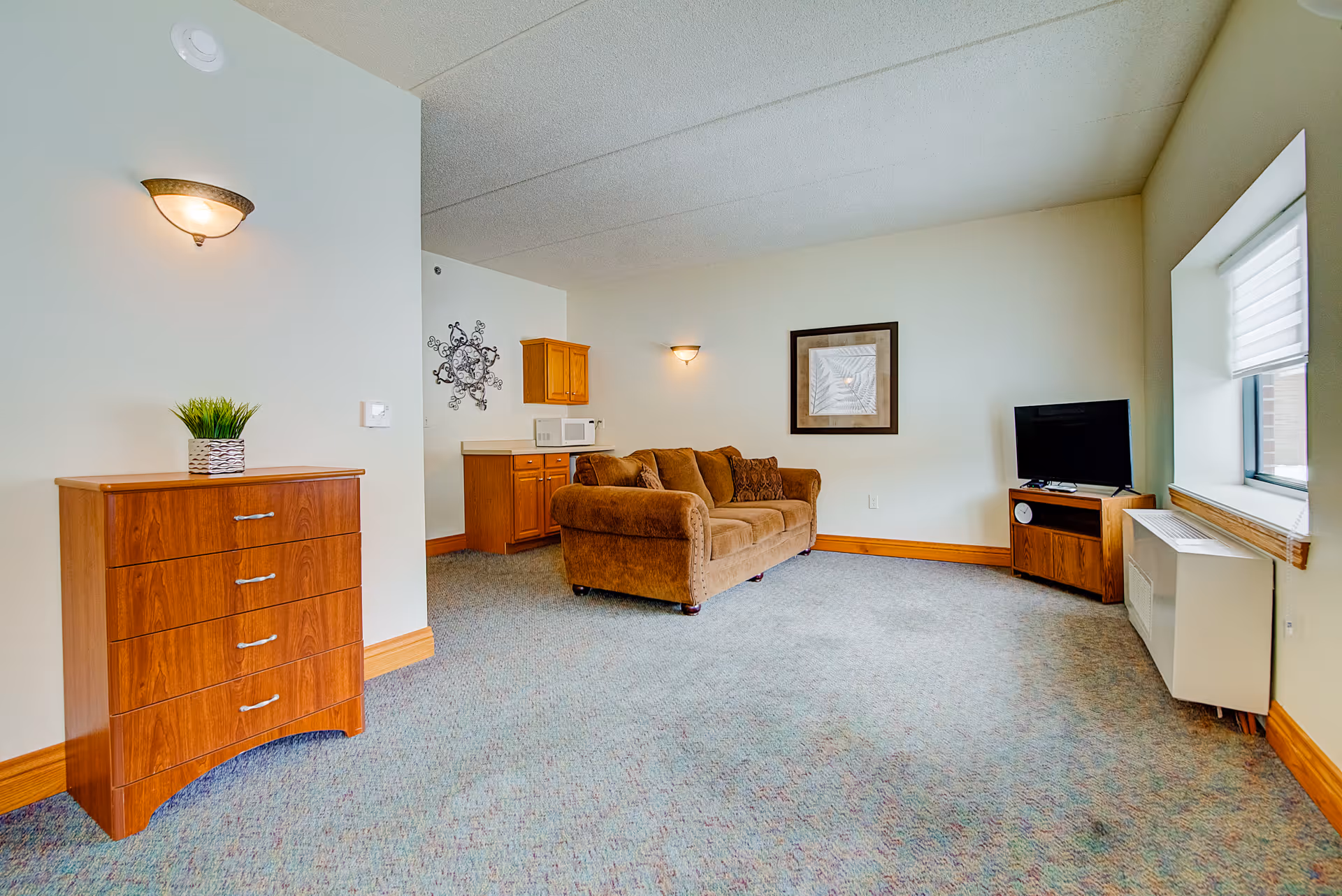A cozy living room area with a brown sofa, a wooden chest of drawers with a small plant on top, a small wooden TV stand with a flat-screen TV, and a window with a white blind. The room has light-colored walls, carpeted flooring, and wall-mounted light fixtures. There is also a small kitchenette area with wooden cabinets and a microwave.