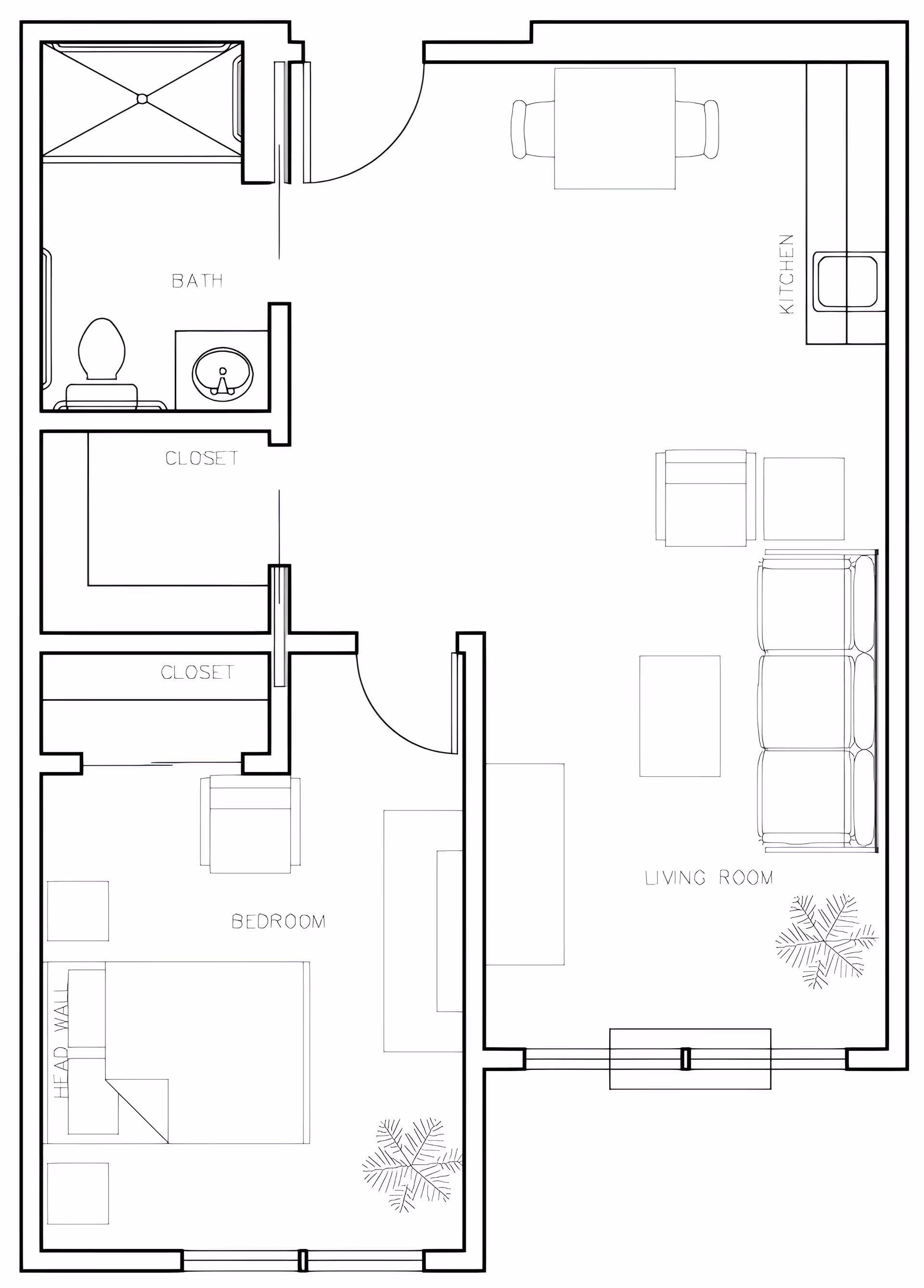 Black-and-white floor plan of a one-bedroom apartment showing a living room, kitchen, bedroom, bathroom, and closets.