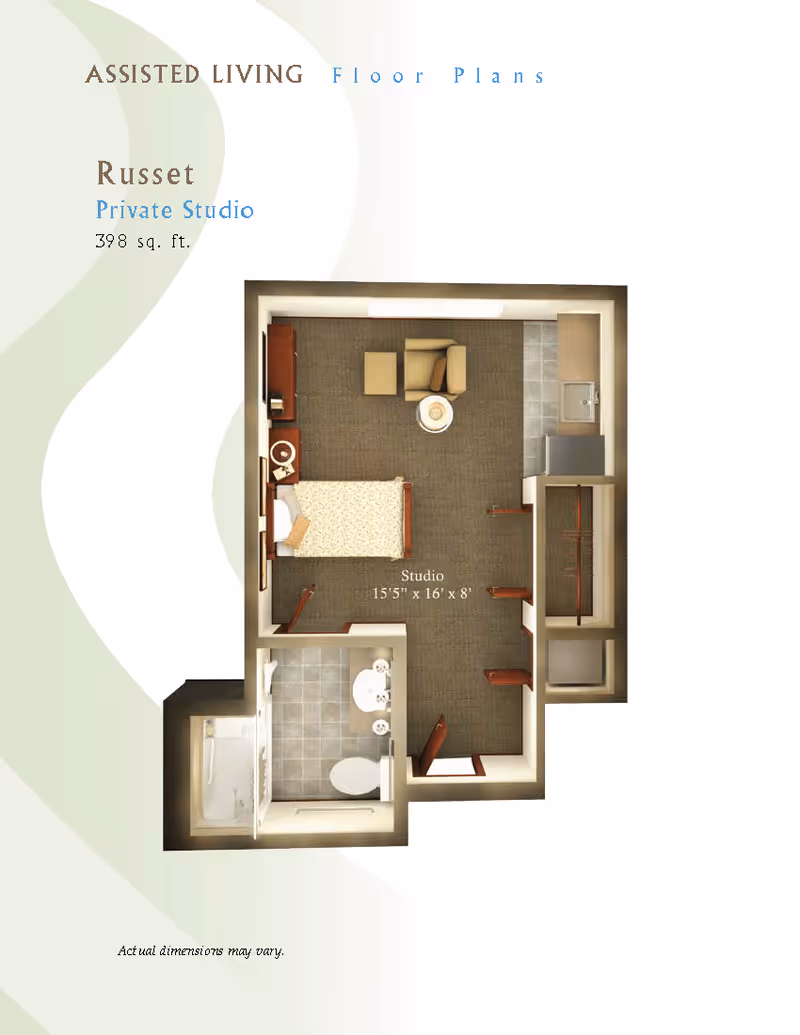 Floor plan of a private studio apartment named Russet at Rio Terra Senior Living, showing a 398 sq. ft. layout with a combined living and sleeping area, a small kitchenette, a bathroom with a shower, toilet, and sink, and closet space.