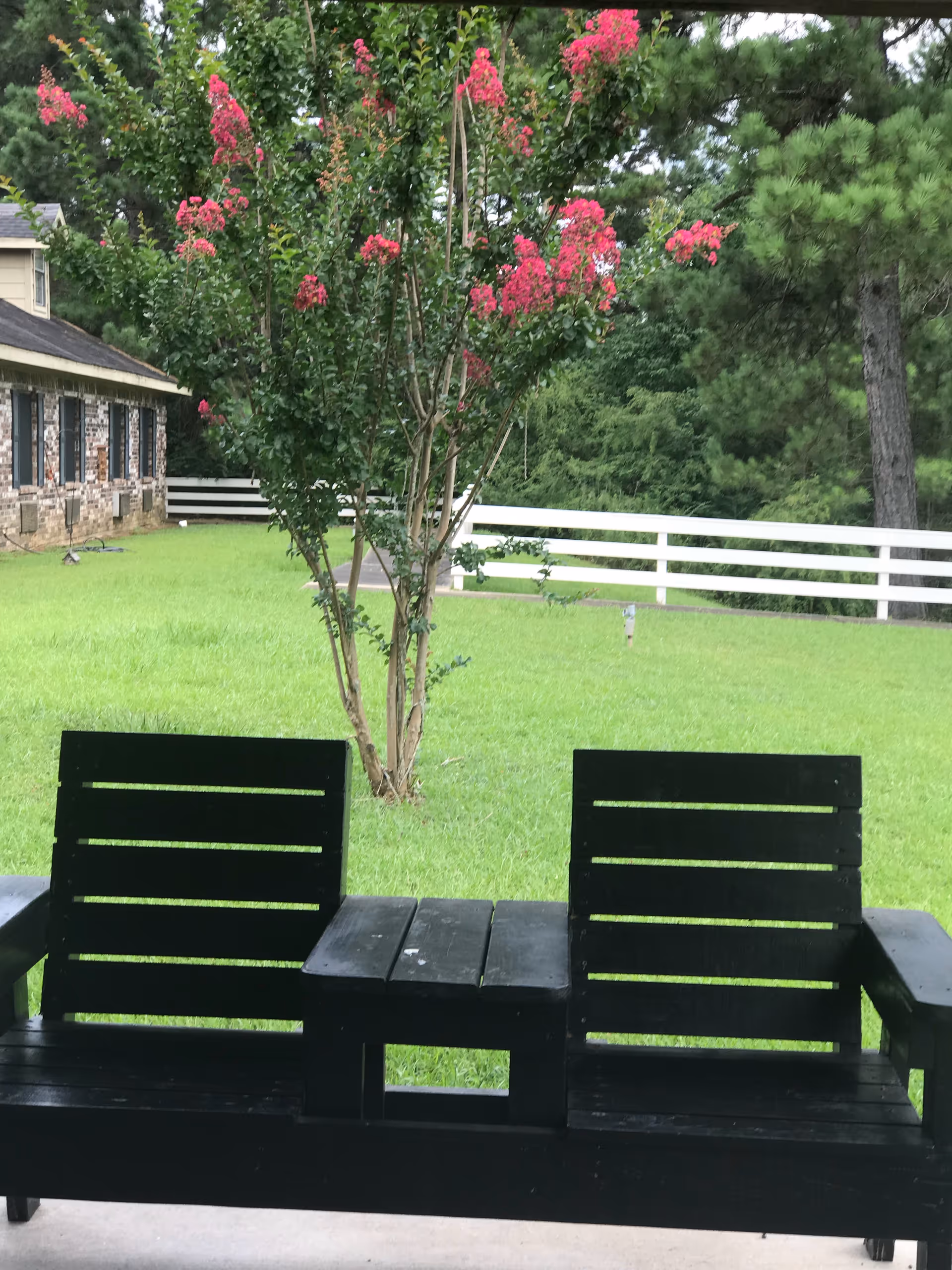 Two black wooden chairs with a small table between them on a porch, overlooking a green lawn with a flowering tree with pink blossoms and a white fence in the background.