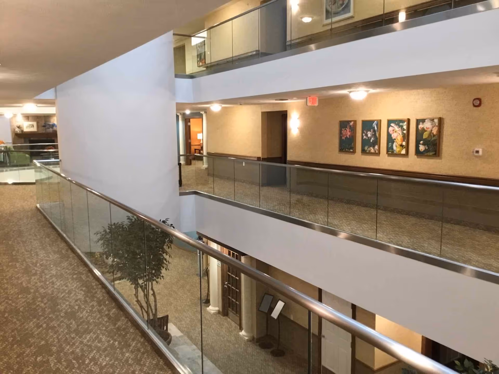 Interior view of a multi-level hallway in a retirement community with glass railings, beige carpet, and walls decorated with framed floral artwork. The hallway is well-lit with ceiling lights and wall sconces, and there is a potted plant visible on the lower level.