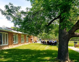 Grassy outdoor courtyard with a large tree, a brick building on the left, and people seated at tables in the distance.