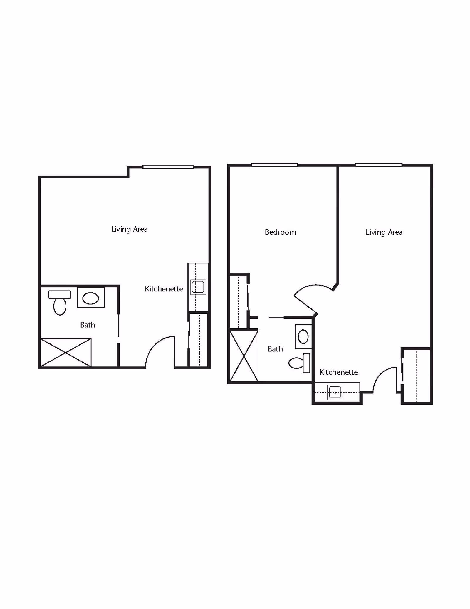 Architectural floor plan showing two layouts. The left layout includes a living area, kitchenette, and bath. The right layout includes a bedroom, living area, kitchenette, and bath.