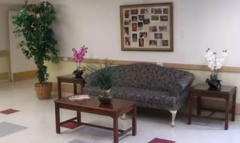Lobby seating area with patterned sofa, coffee table, plants, and a wall photo collage.