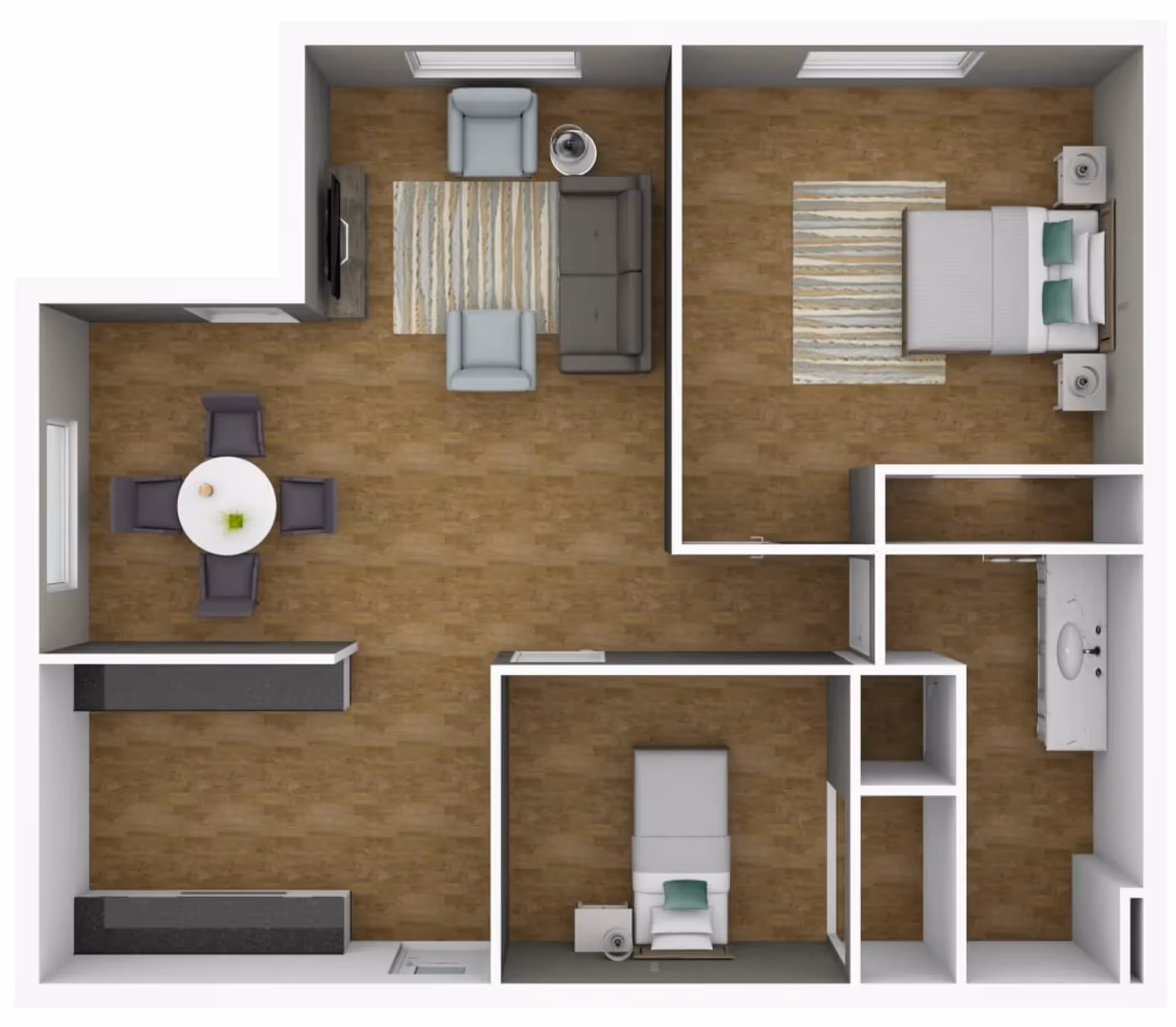 Top-down view of a two-bedroom apartment floor plan featuring a living room with a sofa, two armchairs, a TV, and a side table, a dining area with a round table and four chairs, a kitchen with countertops, two bedrooms each with a bed and nightstand, and a bathroom with a sink and vanity.