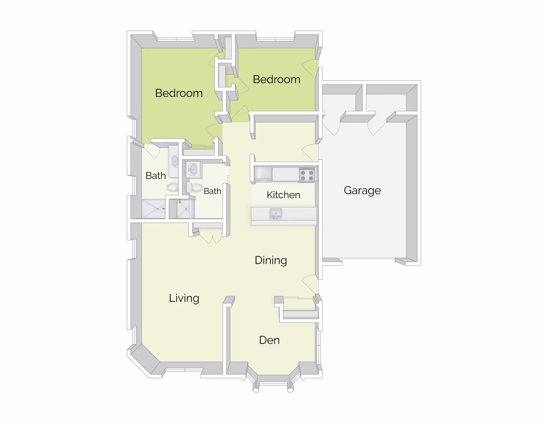 Top-down labeled floor plan of a residence showing two bedrooms, two baths, a kitchen, dining area, living room, den, and attached garage.