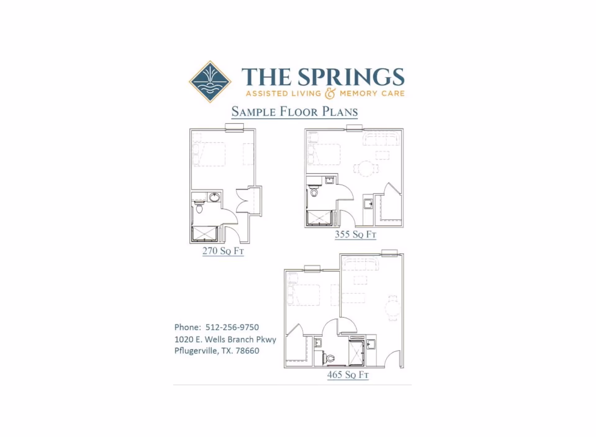 Floor plans for The Springs Assisted Living & Memory Care showing three sample layouts with square footage of 270, 355, and 465 square feet. Each layout includes a bedroom area, bathroom, and living space. Contact phone number and address in Pflugerville, TX are also displayed.