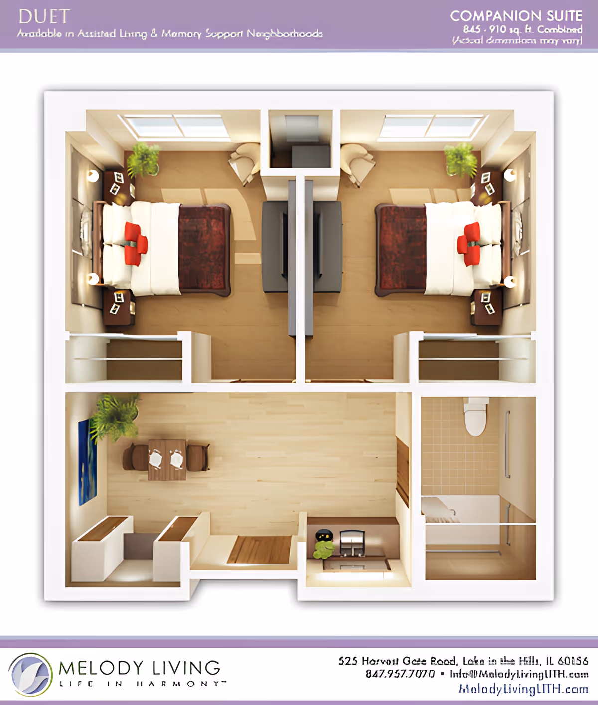 Top-down floor plan of a companion suite in an assisted living facility, showing two bedrooms each with a bed, nightstands, chairs, and windows. The bedrooms are separated by a shared wall with two TVs mounted back-to-back. The suite includes a shared bathroom with a toilet and shower, a small kitchen area with a sink and appliances, and a dining area with a table and chairs. There are plants and decorative elements in the rooms.