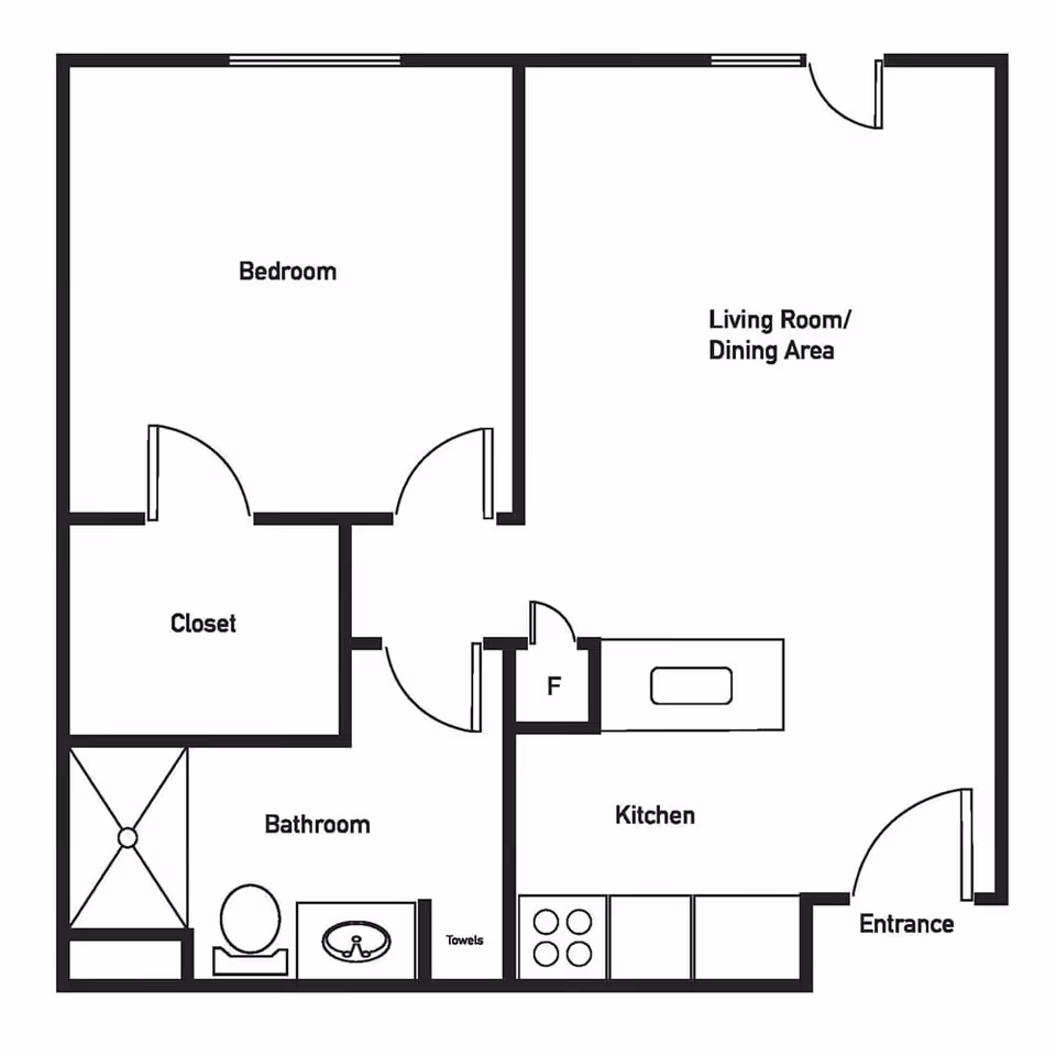 Floor plan layout of an apartment at Brookstone Estates of Paris showing a bedroom, closet, bathroom, kitchen, and combined living room/dining area with labeled rooms and entrance.