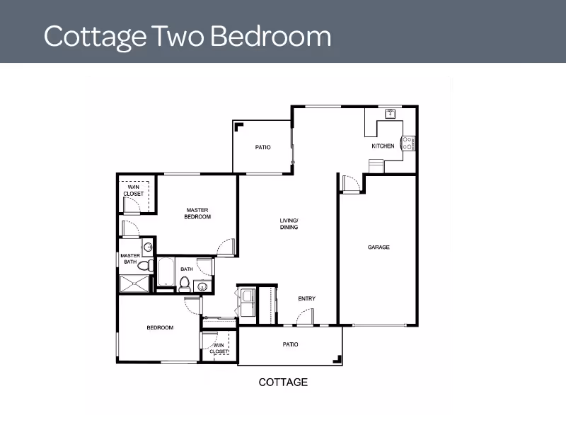 Black-and-white labeled floor plan titled 'Cottage Two Bedroom' showing two bedrooms, bathrooms, a living/dining area, kitchen, garage, and patios.