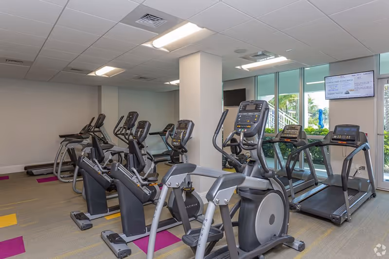 Indoor gym room with several exercise machines including treadmills, stationary bikes, and elliptical trainers. The room has large windows letting in natural light and a TV mounted on the wall.