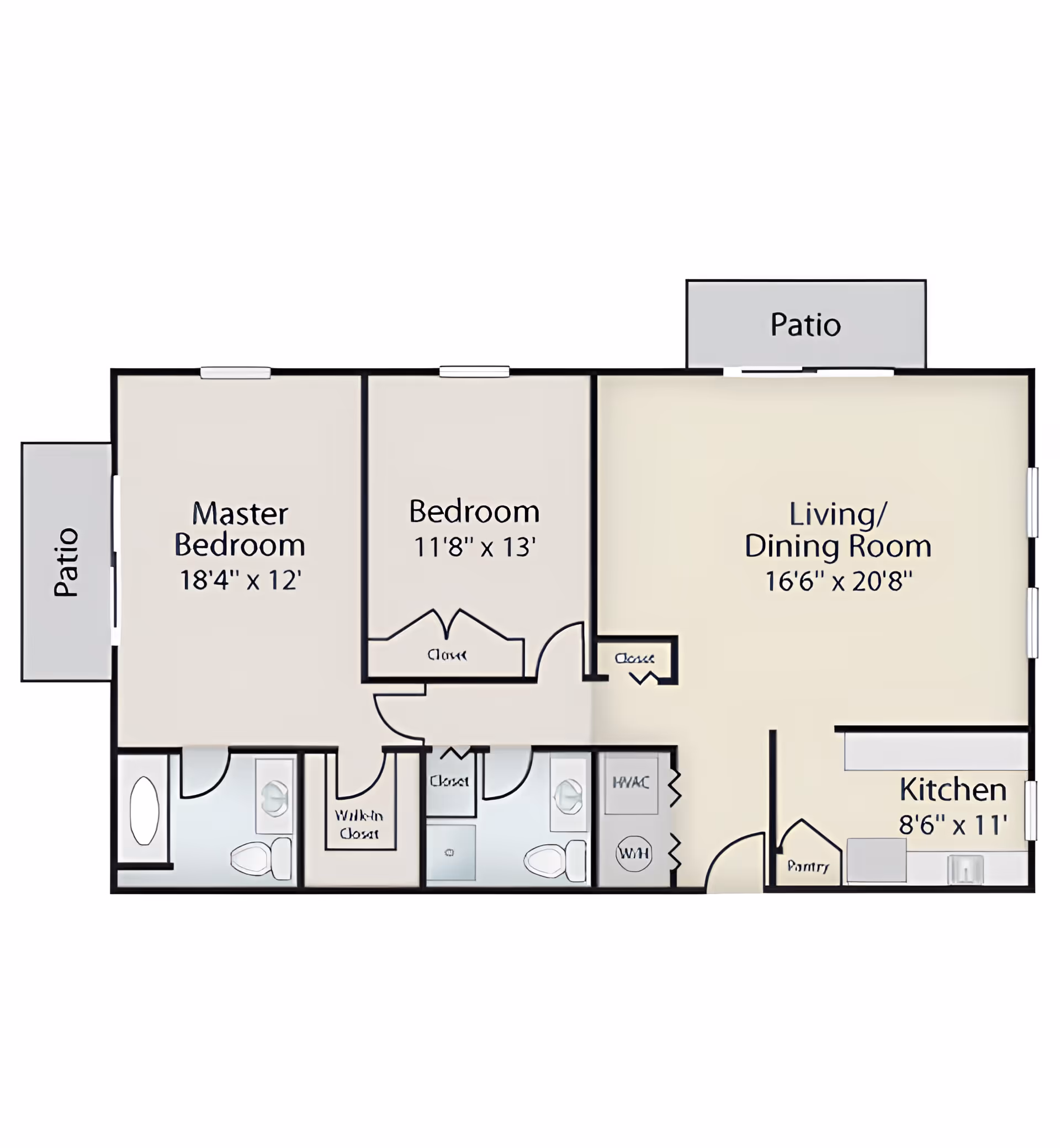 Floor plan of a senior living apartment at Commonwealth Senior Living At Farnham showing a master bedroom with attached bathroom and walk-in closet, a second bedroom with closet, a second bathroom, a living/dining room area, a kitchen with pantry, HVAC and water heater closets, and two patios.
