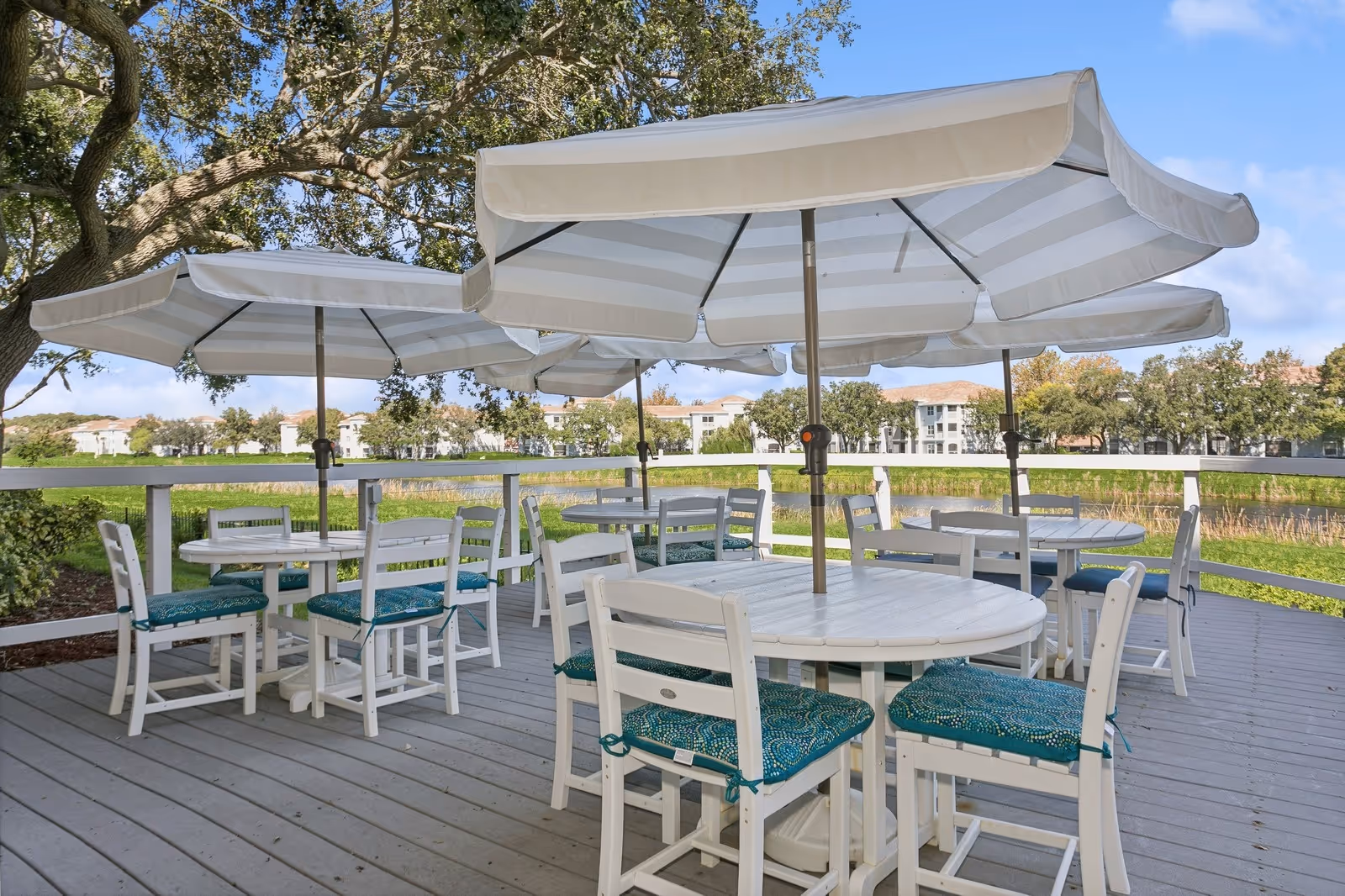 Outdoor patio area with several white round tables and white chairs with teal cushions, shaded by large white umbrellas. The patio overlooks a grassy area with trees and buildings in the background under a blue sky with some clouds.