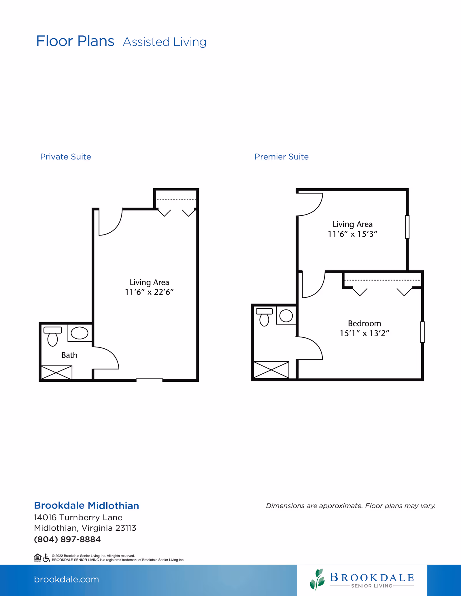Floor plans for assisted living at Brookdale Midlothian showing two suite options: a Private Suite with a living area measuring 11 feet 6 inches by 22 feet 6 inches and a bath, and a Premier Suite with a living area measuring 11 feet 6 inches by 15 feet 3 inches, a bedroom measuring 15 feet 1 inch by 13 feet 2 inches, and a bath. The image includes the facility's address and contact information at the bottom.