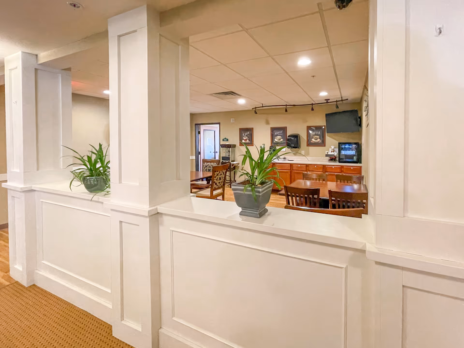 Interior view of a senior living facility common area with a white partition wall featuring two green potted plants. In the background, there are wooden tables and chairs, a countertop with cabinets, a small refrigerator, a wall-mounted TV, and framed coffee-themed artwork on the wall.